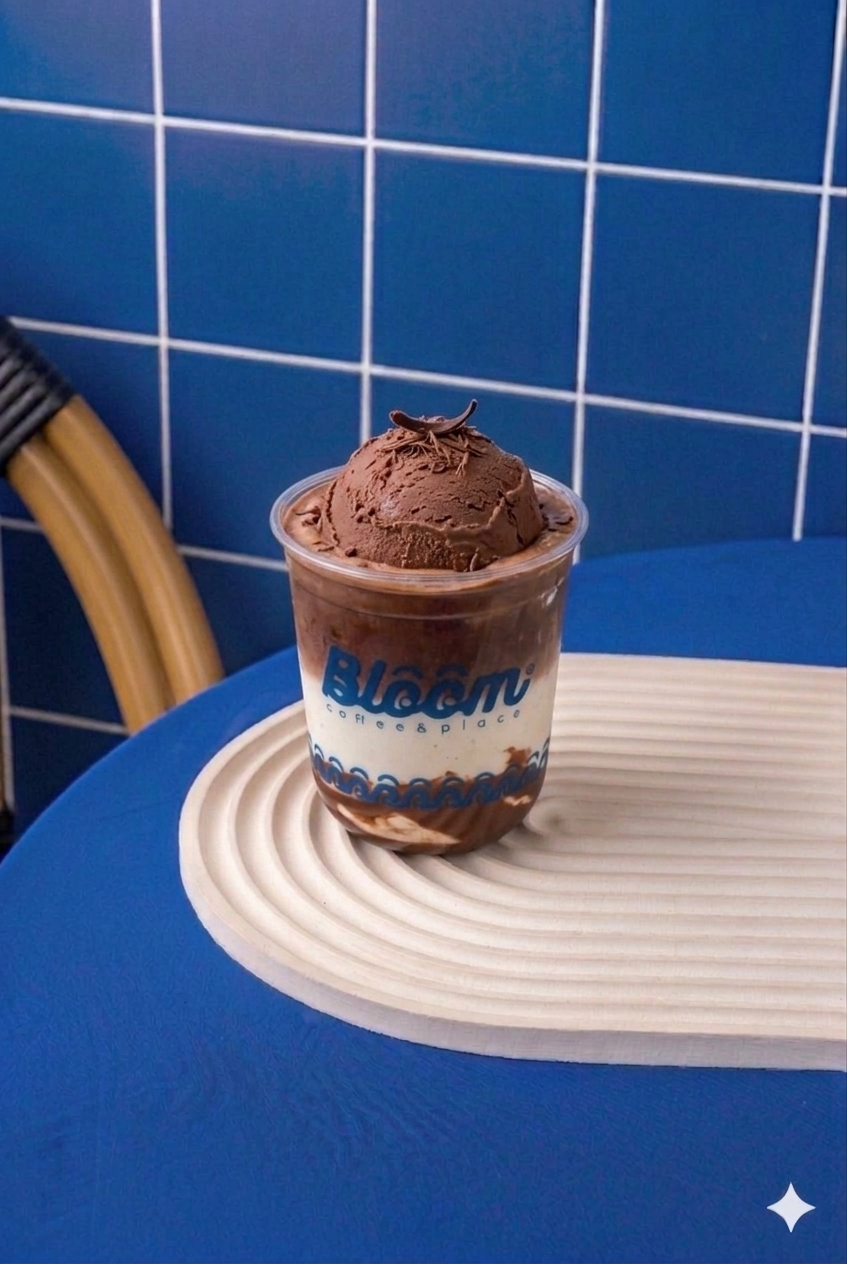 Blooming Choco Ice Cream Bloom Coffee & Place dengan perpaduan cokelat dan es krim yang creamy