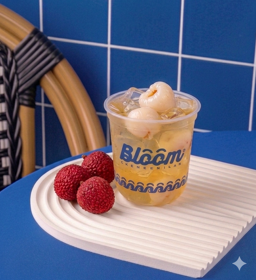 Lychee Tea Bloom Coffee & Place dengan perpaduan teh dan buah leci yang menyegarkan