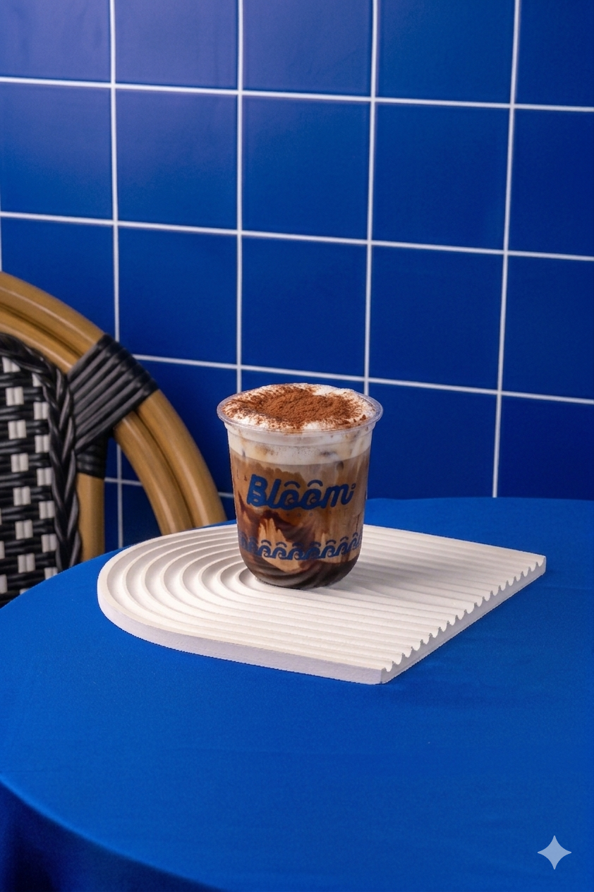 Mochacinno Bloom Coffee & Place dengan perpaduan espresso, cokelat, dan susu creamy